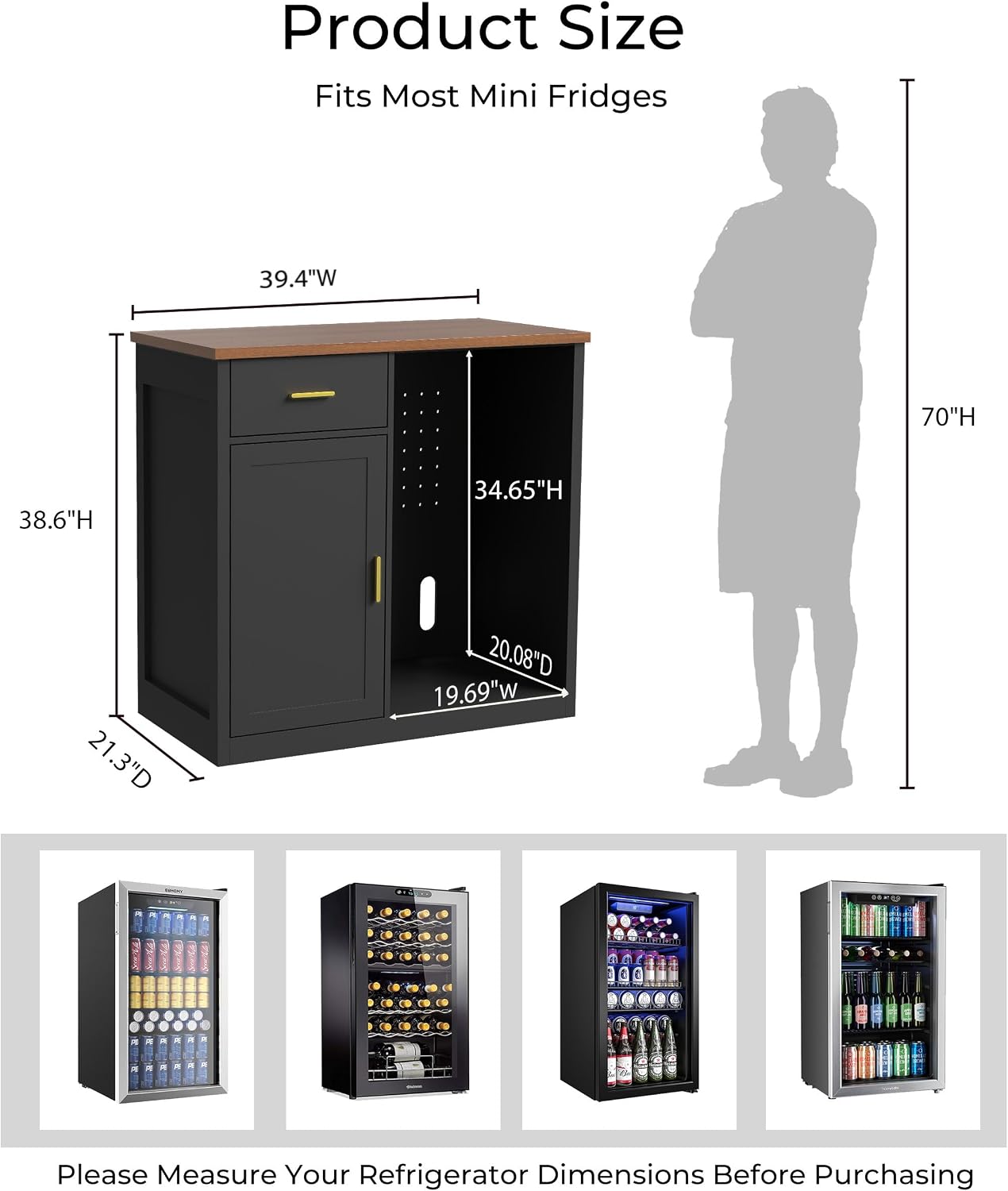 39" Mini Fridge Cabinet, Coffee Bar with Mini Fridge Space, Black | Coffee Bar Cabinet, Mini Fridge Compatible, Drawer Storage, Adjustable Shelf, Wood Grain Countertop, Living Room or Home Bar