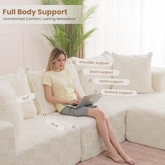Modular Sectional Sofa, 108" L-Shaped Boneless Couch with Deep Seat, Corduroy Cloud Couch for Living Room, Bedroom, No Assembly Required, Ship in a Box, Checkered Beige