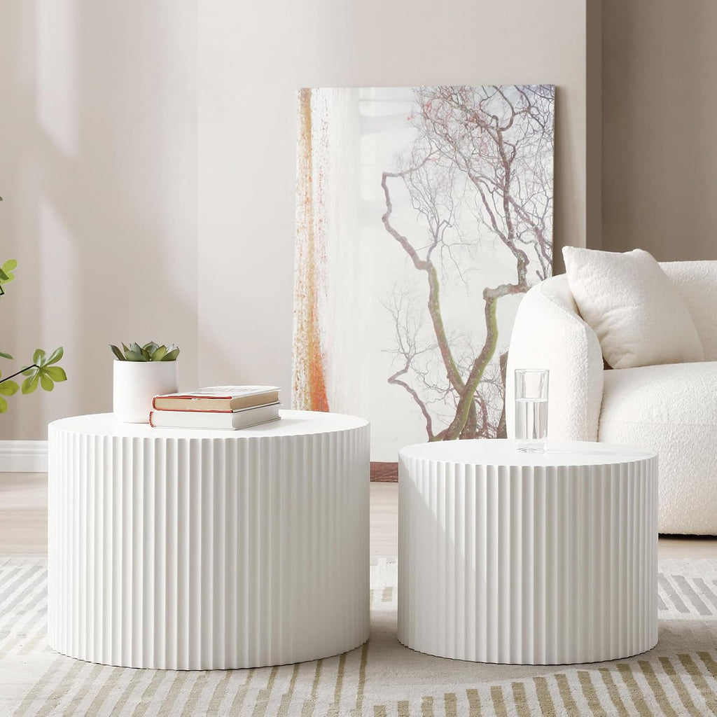 Round Nesting Coffee Table Set of 2, Modern Handcraft Wood Side Table Drum Accent End Table Embossed Design Circular Coffee Table Set for Living Room Bedroom, White