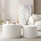 Round Nesting Coffee Table Set of 2, Modern Handcraft Wood Side Table Drum Accent End Table Embossed Design Circular Coffee Table Set for Living Room Bedroom, White