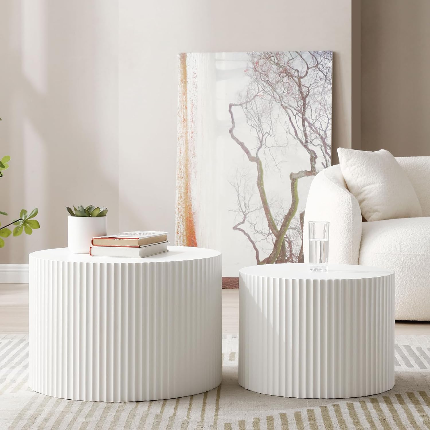 Round Nesting Coffee Table Set of 2, Modern Handcraft Wood Side Table Drum Accent End Table Embossed Design Circular Coffee Table Set for Living Room Bedroom, White