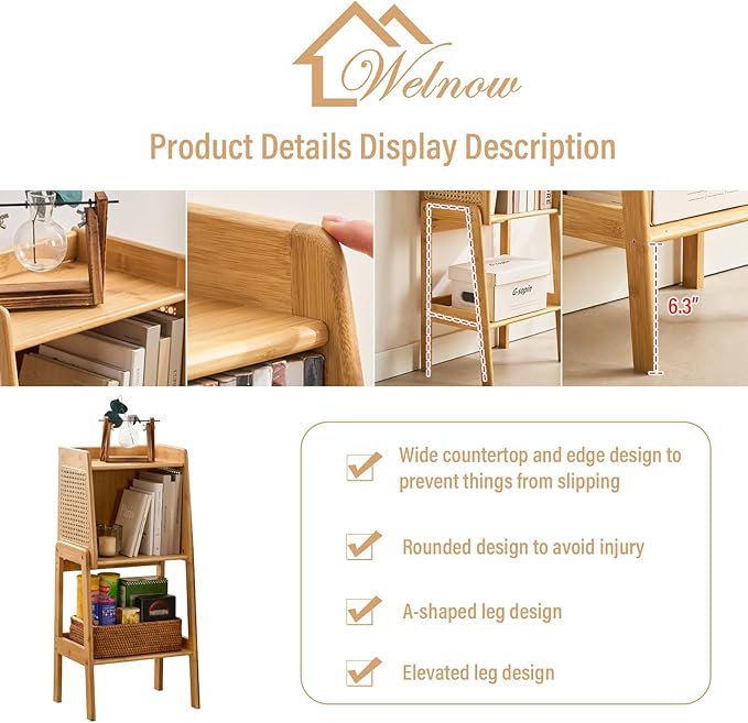 Welnow Bamboo Rattan Bookcase with Cabinet, 1-Tier Storage Shelf with Side Ta...