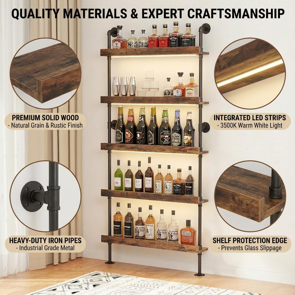 5-Tier Wall Mounted Wine Rack with LED,31.5" W x 79" H | Industrial...