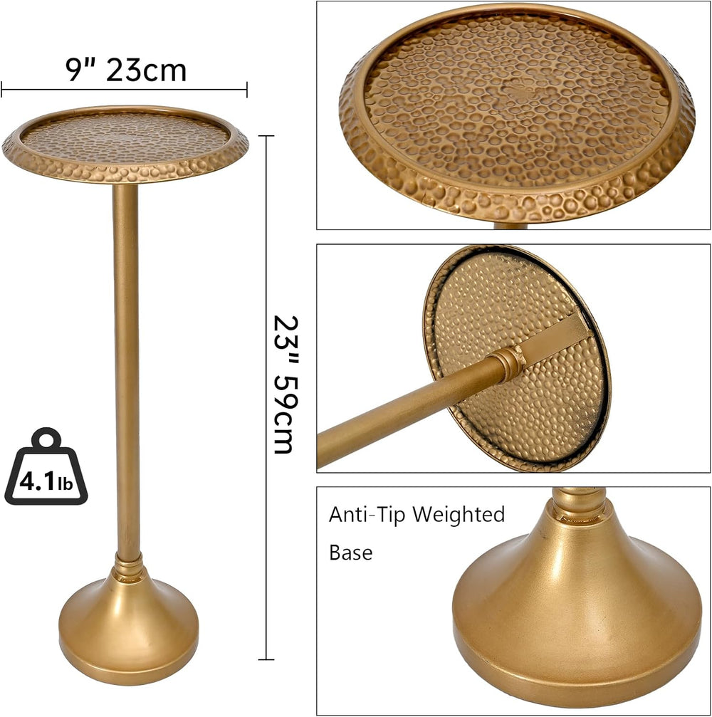 Antique Gold Drink Table – Hammered Metal Side Table for Small Spaces | Round...