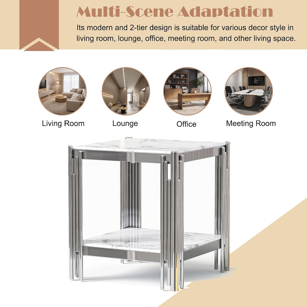 19" White Marble Side Table, 2-Tier Square Modern End Table with Silver ...