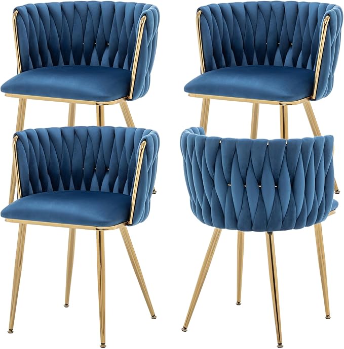 Velvet Dining Chairs Set of 4, Modern Upholstered Dining Chairs with Gold Metal Legs for Dining Room, Vanity, Kitchen, Living Room(Blue)