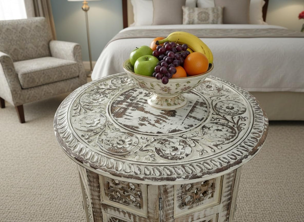 Handcrafted Round Wooden Side Table with Carved Floral Top, White Washed Fini...