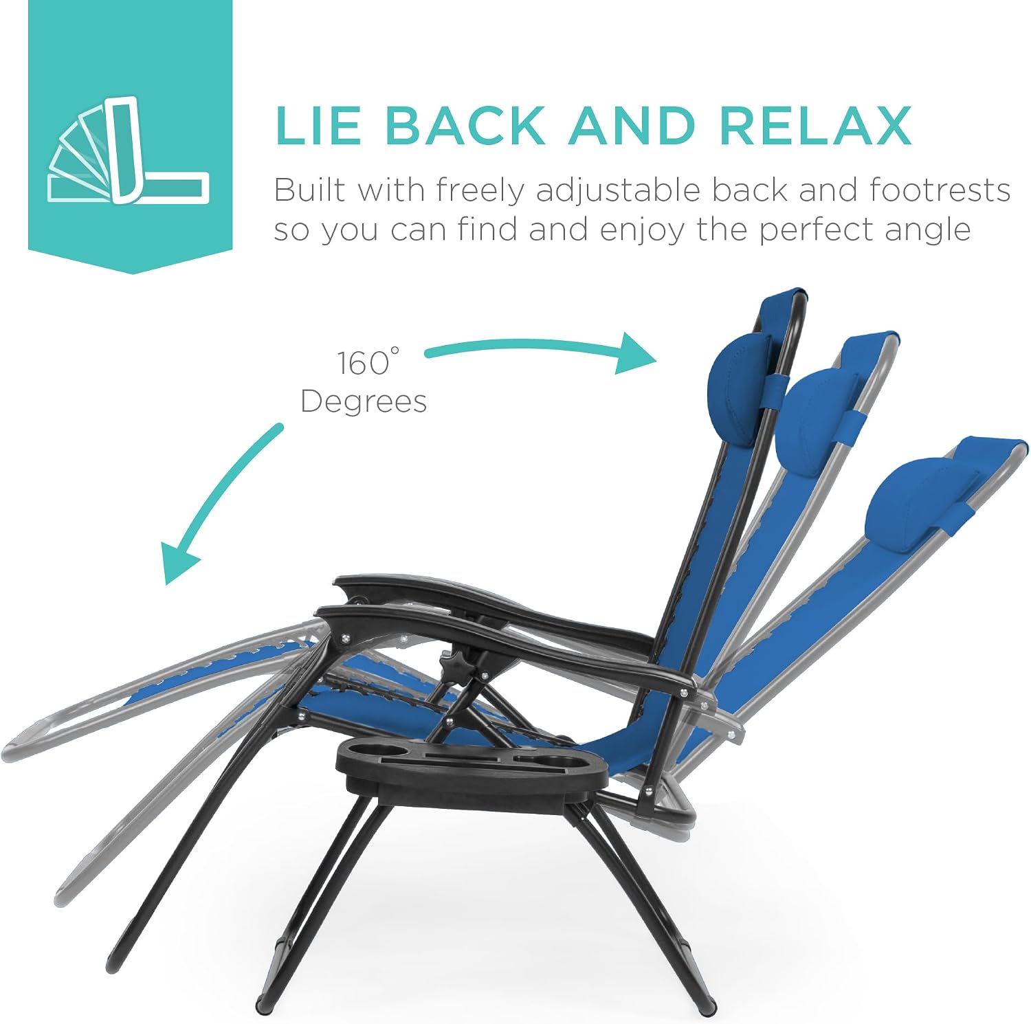 Best Choice Products Set of 2 Adjustable Steel Mesh Zero Gravity Lounge Chair Recliners w/Pillows and Cup Holder Trays - Marine Blue/Black