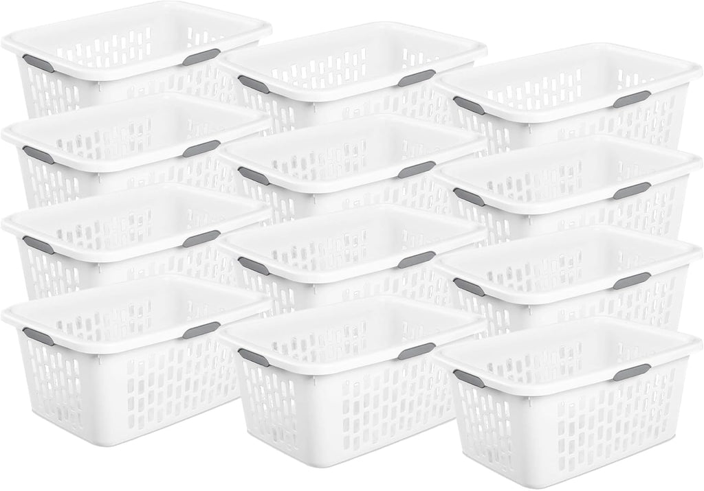 Sterilite Laundry Basket, Plastic Clothes Hamper, Large Rectangle Bin with Comfort Grip Handles and Reinforced Rim, 2 Bushel Capacity, White, 12 Pack