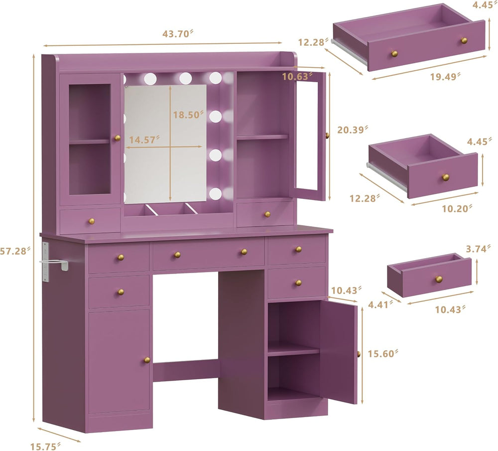 HUANLEGO Purple Vanity Desk with Mirror and Lights for Girls Women | Makeup V...