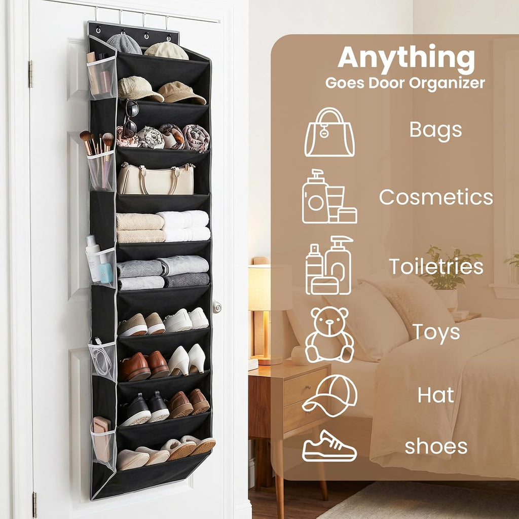 10-Tier Over The Door Organizer with 4 Anti-Scratch Silicone Hooks & 10 Side Pockets, Hanging Shoe Organizer for Closet (20 Pairs), Behind the Door Storage