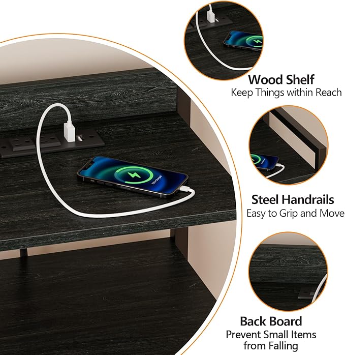 Furnulem Night Stand with Charging Station, Black Nightstand with Drawers and...