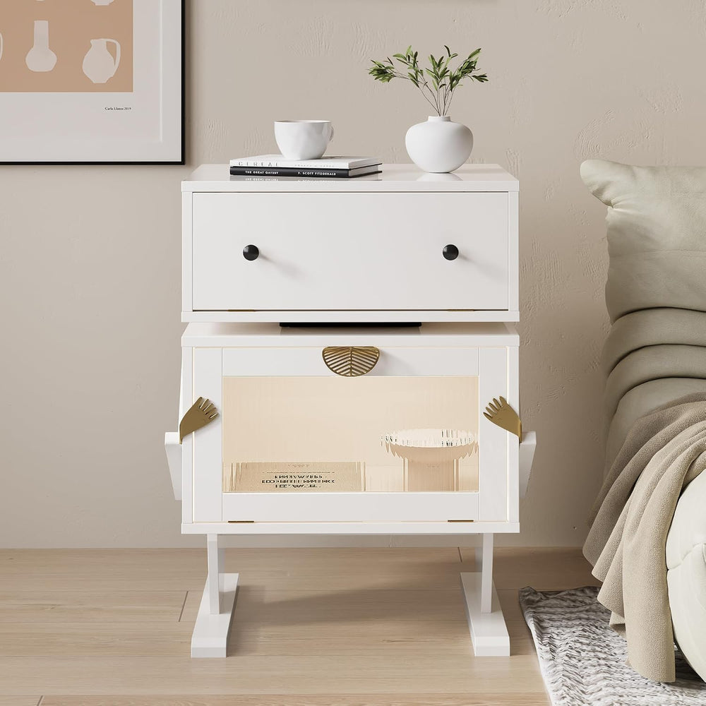 RoyalCraft Large Nightstand with LED Lights, White Robot Nightstand | End Tab...