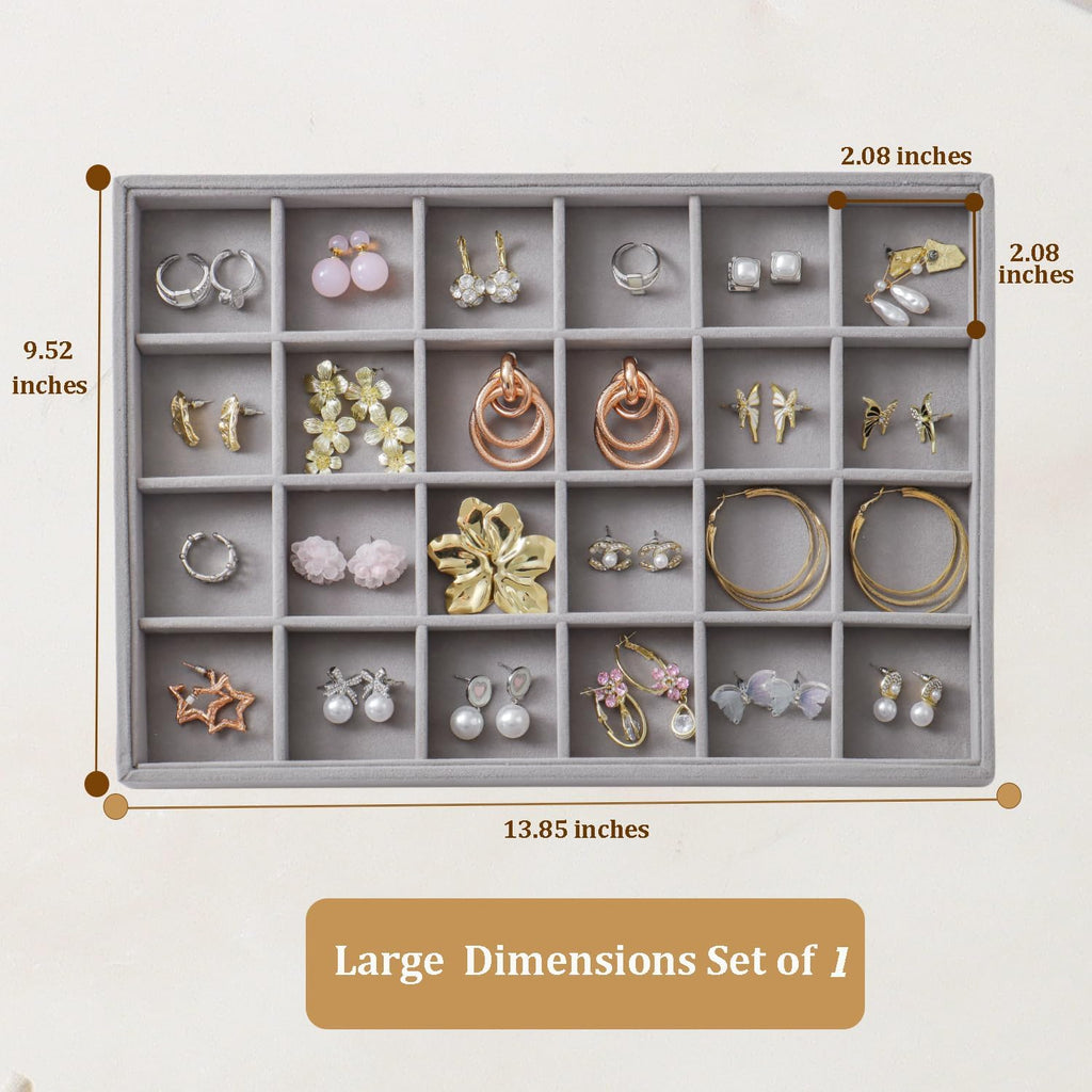 Large Jewelry Organizer for Drawer Insert Velvet Stackable Jewelry Trays for Earring Necklace Bracelet Ring Display (Gray, 24 Grids)