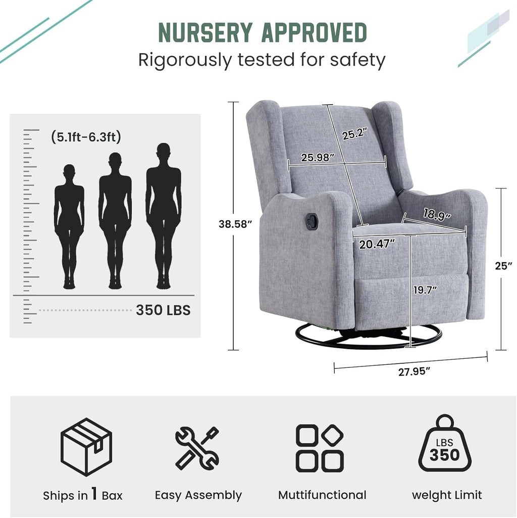 360° Swivel Glider Recliner, Soft Chenille Mid Century Modern Upholstered Ergonomic Rocker Comfy Wingback Accent with Curved Arm Sillas Reclining Chair Living Room Bedroom Lounge Reading Nursery Grey