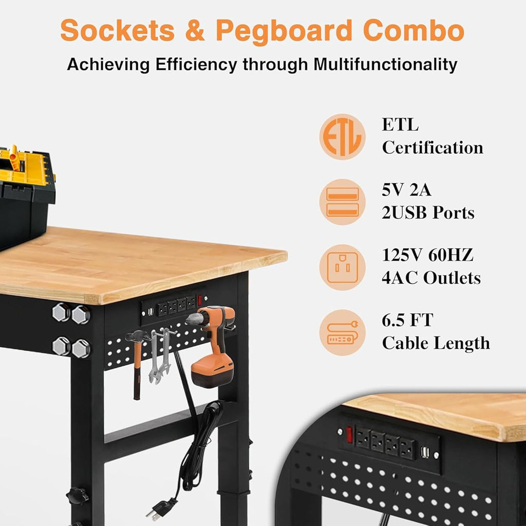 Betterhood 48" Adjustable Workbench on Wheels, Rubber Wood Heavy Duty Workstation with Power Outlets&2 Pegboards, 2000 Load Capacity Hardwood Worktable for Workshop, Garage, Office, Home, Commercial