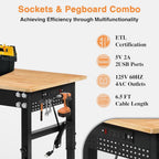 Betterhood 48" Adjustable Workbench on Wheels, Rubber Wood Heavy Duty Workstation with Power Outlets&2 Pegboards, 2000 Load Capacity Hardwood Worktable for Workshop, Garage, Office, Home, Commercial