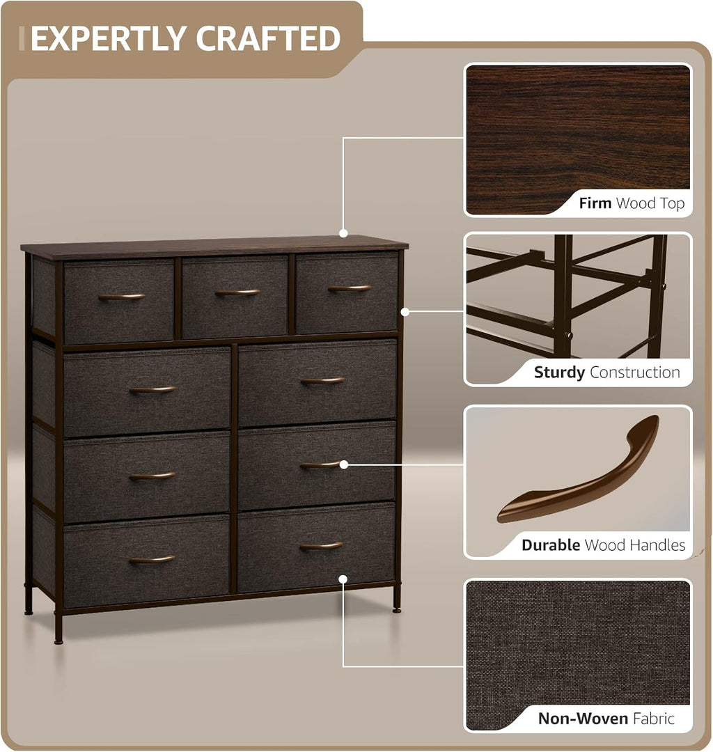 Sorbus Dresser with 9 Drawers - Furniture Storage Chest Tower Unit for Bedroom, Hallway, Closet, Office Organization - Steel Frame, Wood Top, Easy Pull Fabric Bins (Brown)