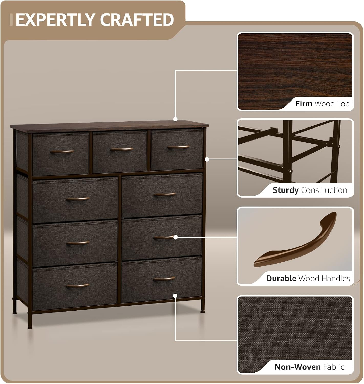 Sorbus Dresser with 9 Drawers - Furniture Storage Chest Tower Unit for Bedroom, Hallway, Closet, Office Organization - Steel Frame, Wood Top, Easy Pull Fabric Bins (Brown)