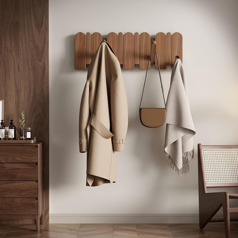 Solid Walnut Coat Rack Wall Mount 16.5",Wall Mounted Coat Rack with 8 Hooks