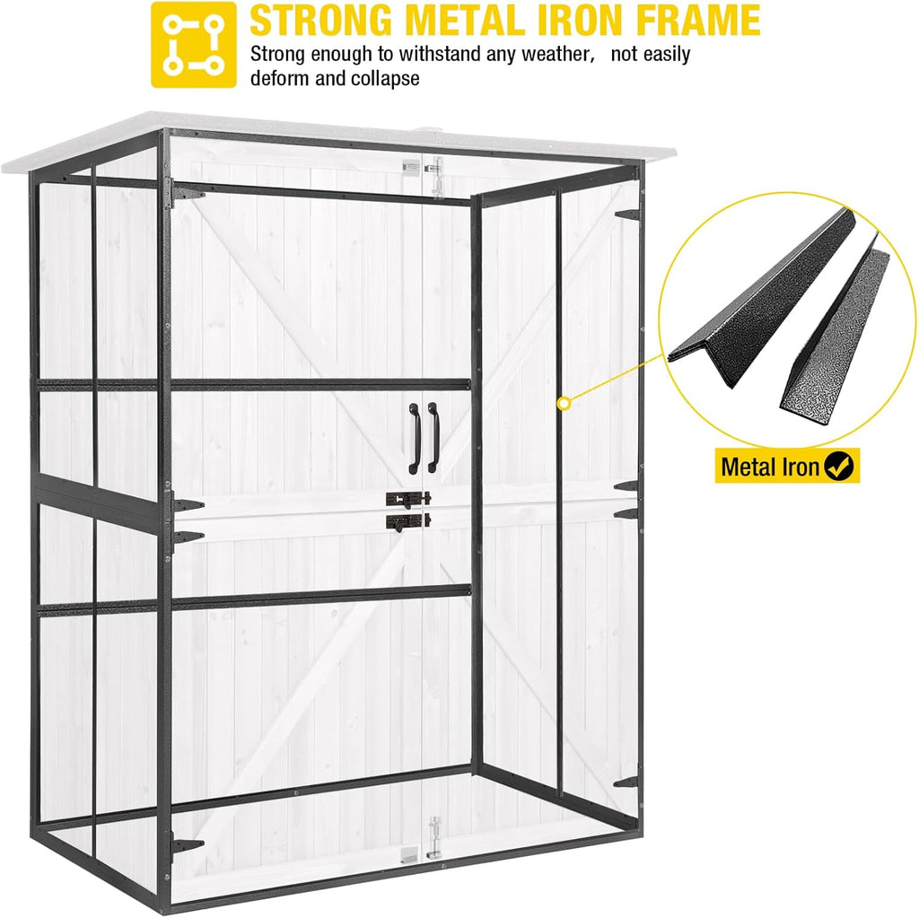 Aivituvin Storage Shed Outdoor Storage Cabinet Upgraded with All Arounded Metal Frame, Wooden Floor and Adjustable Shevels 55" L x 29" W x 67" H, Off-White