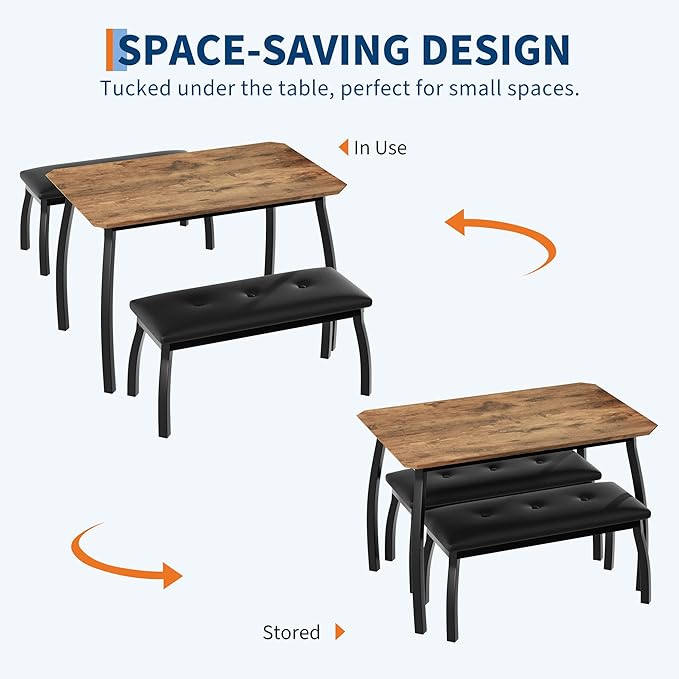 3 Piece Farmhouse Dining Table Set for 4, Compact Rustic Kitchen Table with 2 Padded Benches, Space Saving Breakfast Nook Furniture Set for Small Spaces, Apartments, Vintage