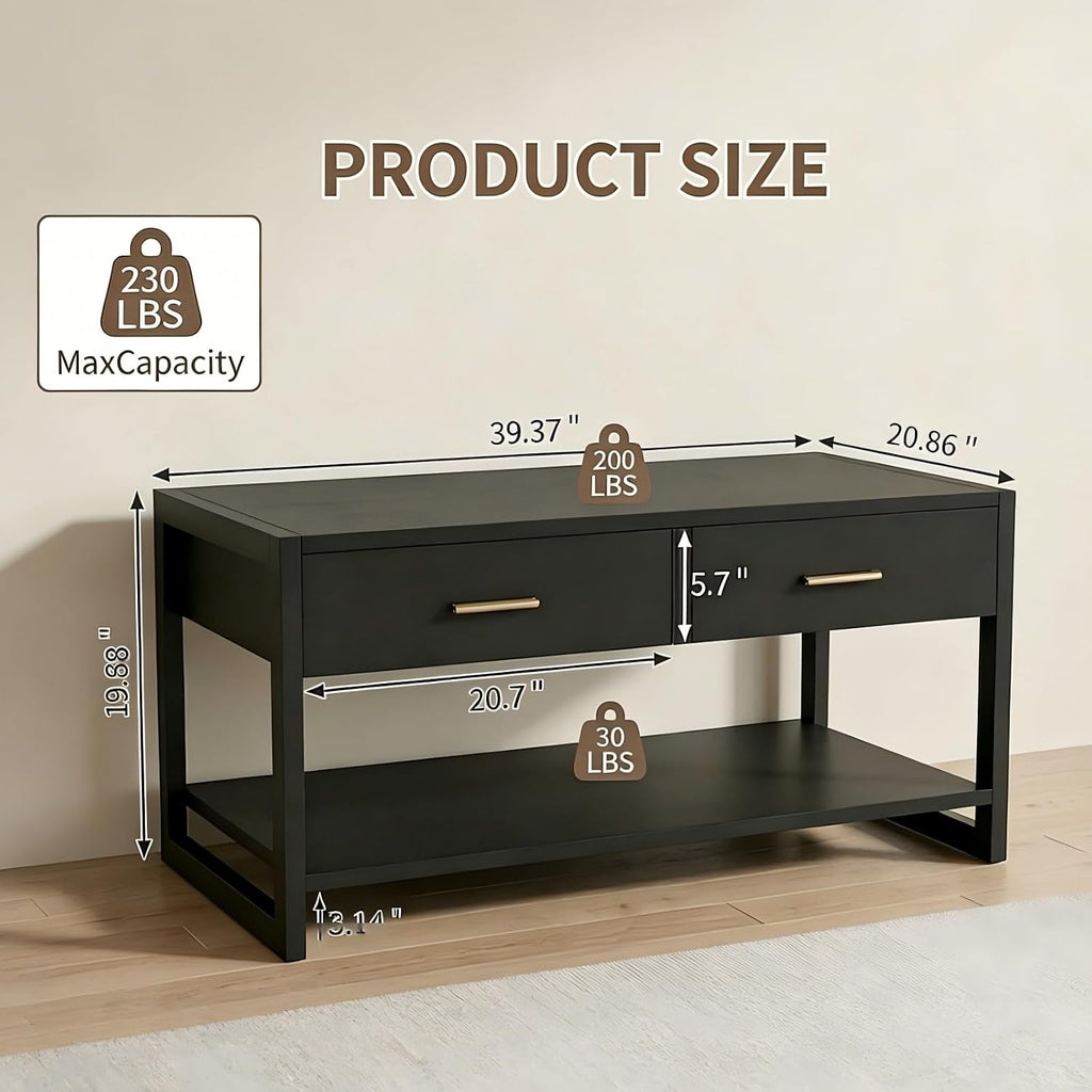 Multi-Functional Coffee Table with Foot-Sensor Light and 2 Drawers | Black, Modern, Large Open Shelf, Sturdy Frame Versatile, Vintage Metal Handle, Suitable for Living Room/Office/Outdoor Patio,