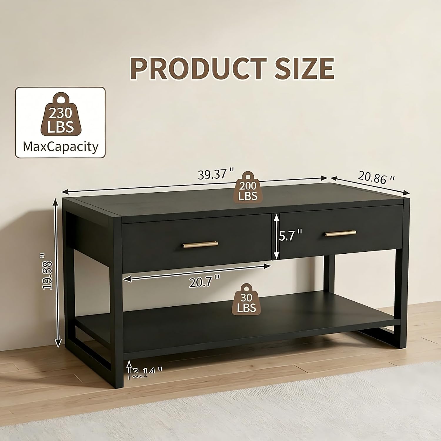 Multi-Functional Coffee Table with Foot-Sensor Light and 2 Drawers | Black, Modern, Large Open Shelf, Sturdy Frame Versatile, Vintage Metal Handle, Suitable for Living Room/Office/Outdoor Patio,