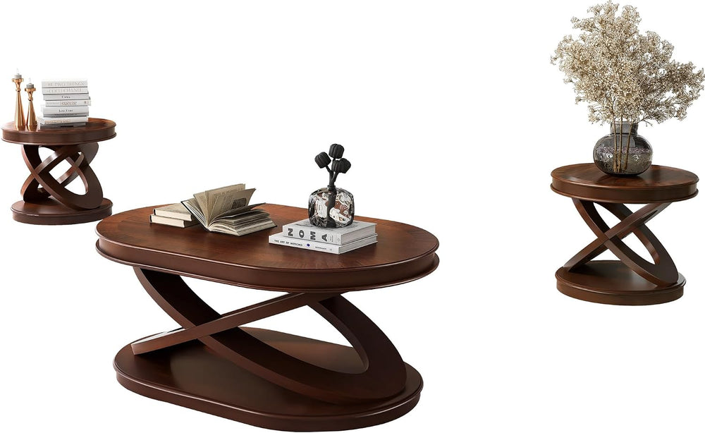 Retro Coffee Table Sets 3 s, Wood Living Room Table Set Include 44" Oval...