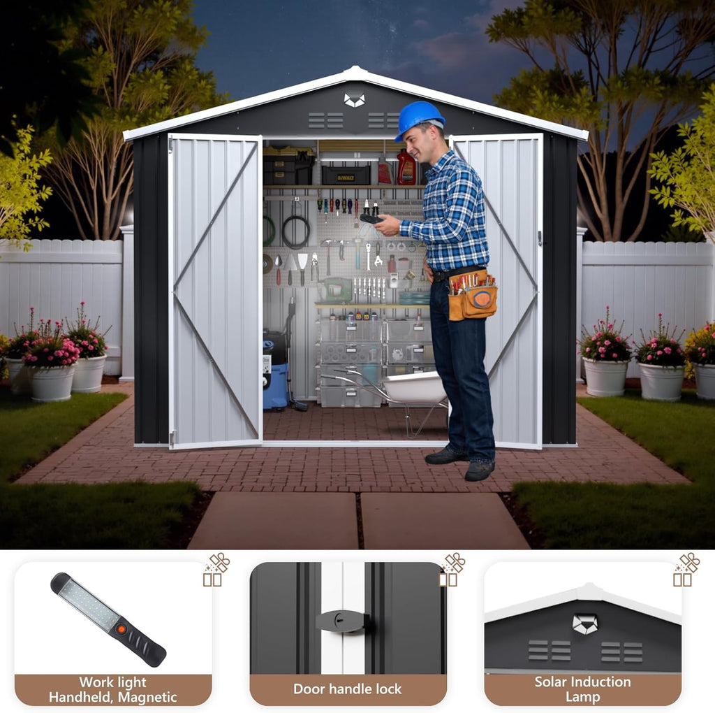 10x8 FT Outdoor Storage Shed, Metal Garden Shed - Tool Storage Sheds with Lockable Doors, Waterproof Outside Storage Building for Backyard, Patio (Black; Floor Not Included)