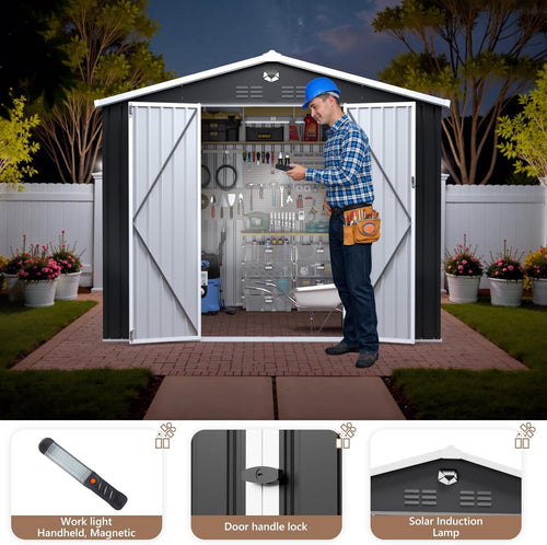10x8 FT Outdoor Storage Shed, Metal Garden Shed - Tool Storage Sheds with Lockable Doors, Waterproof Outside Storage Building for Backyard, Patio (Black; Floor Not Included)