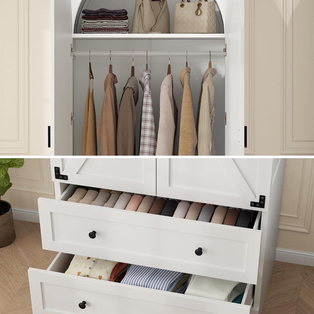 Gyfimoie White Armoire Wardrobe Closet with 2 Drawers, 74.8" Wooden Wardrobe with 2 Doors, Freestanding Closet Armoire Cabinet with Hanging Rack, Clothing Storage Cabinet for Bedroom (White)