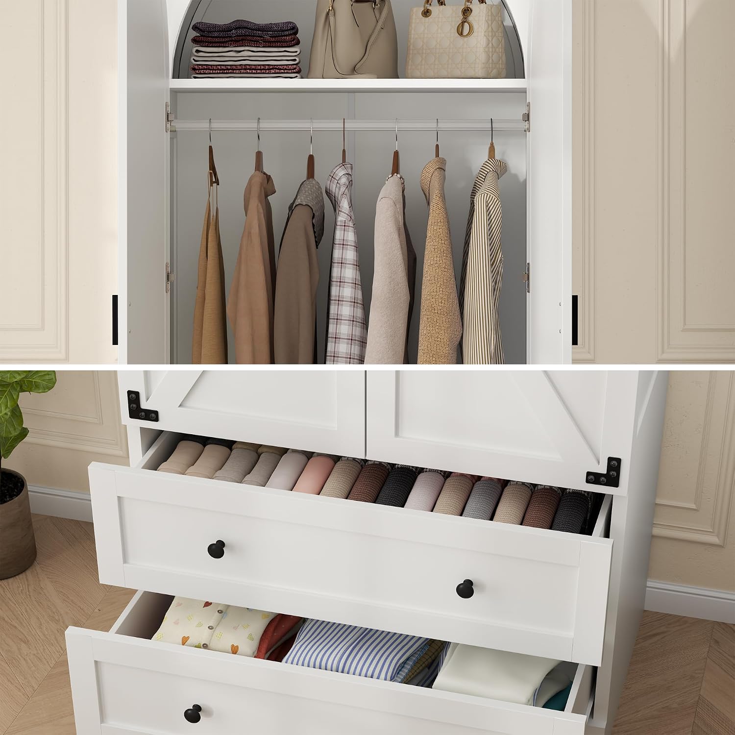 Gyfimoie White Armoire Wardrobe Closet with 2 Drawers, 74.8" Wooden Wardrobe with 2 Doors, Freestanding Closet Armoire Cabinet with Hanging Rack, Clothing Storage Cabinet for Bedroom (White)