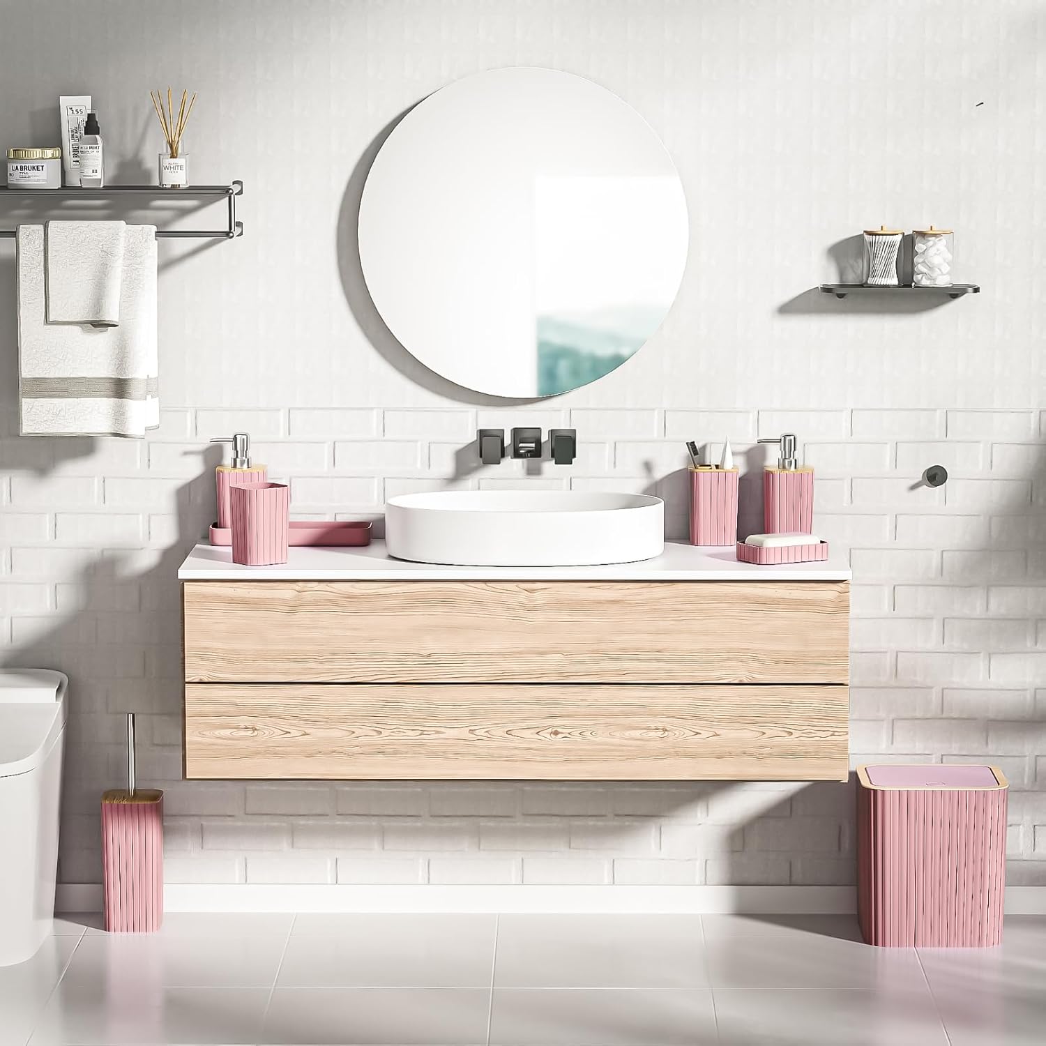 Bathroom Accessories Set - Elegant Pink Bathroom Set, 10PC Bathroom Accessory Set, Toilet Brush, Bathroom Trash Can