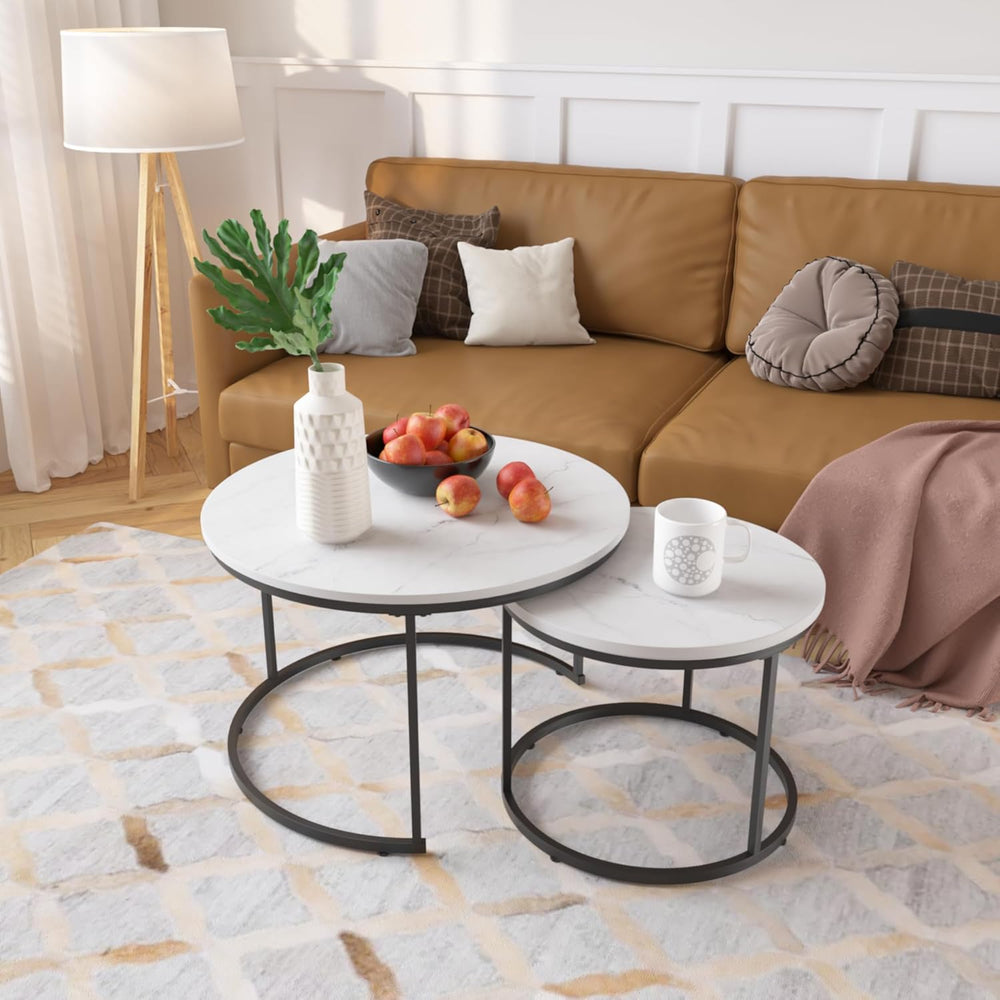 Small Round Nesting Coffee Table Set of 2 for Living Room, Modern Wood Marble...