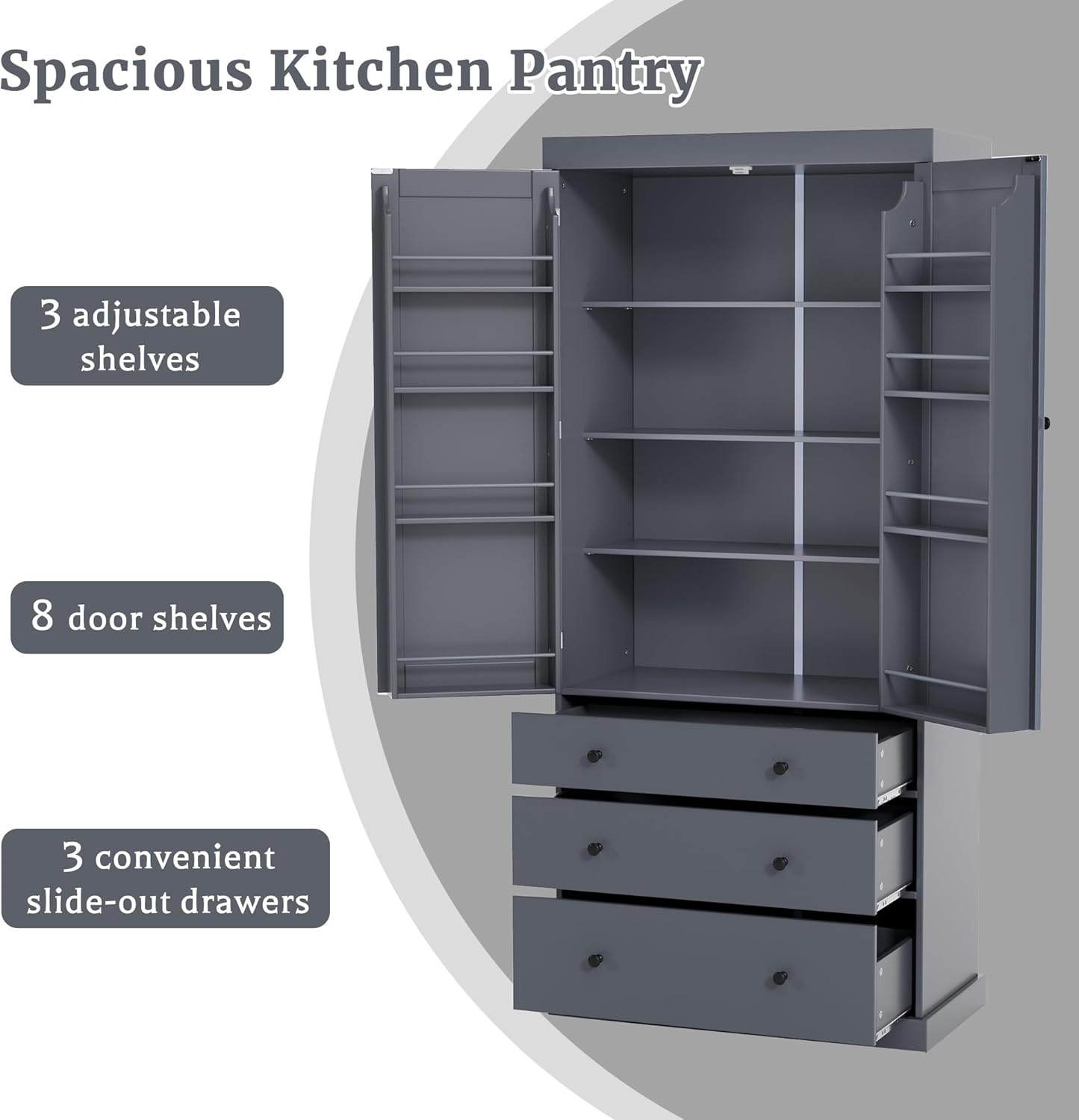 77inch Farmhouse Kitchen Pantry, Freestanding Tall Cupboard Storage Cabinet with 3 Adjustable Shelves, 8 Door Shelves, 3 Drawers for Kitchen, Dining Room, Gray