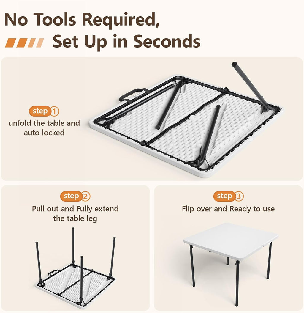 36" Folding Square Table, Portable Card Table with Built-in Handle, Compact Foldable Camping Picnic Table No Assembly, Easy Carry for BBQ, Party, Indoor Outdoor Use