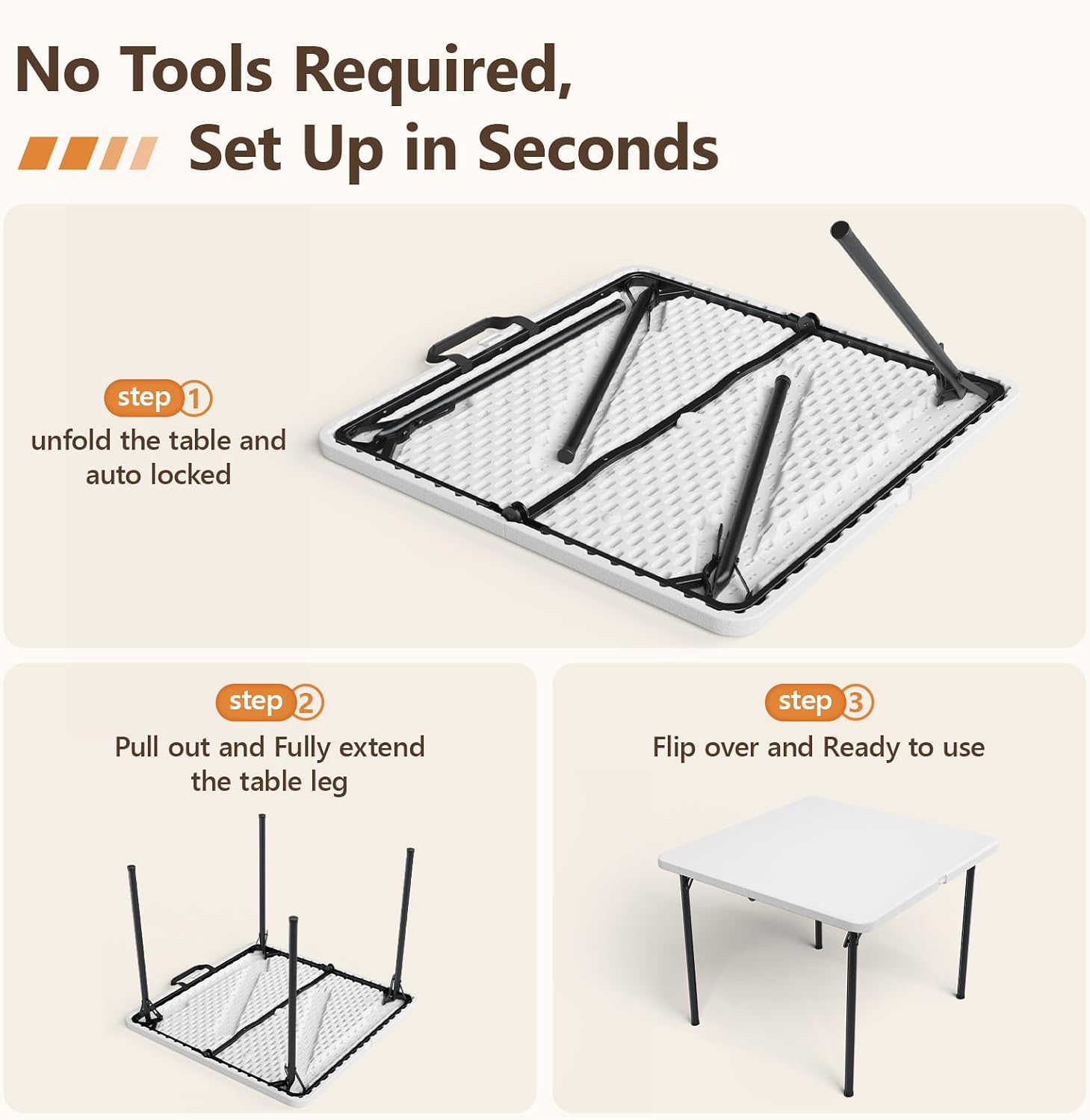 36" Folding Square Table, Portable Card Table with Built-in Handle, Compact Foldable Camping Picnic Table No Assembly, Easy Carry for BBQ, Party, Indoor Outdoor Use