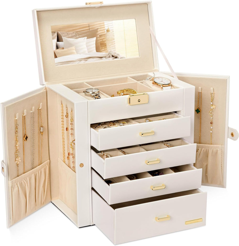 Homde Synthetic Leather Huge Jewelry Box Mirrored Watch Organizer Necklace Ri...