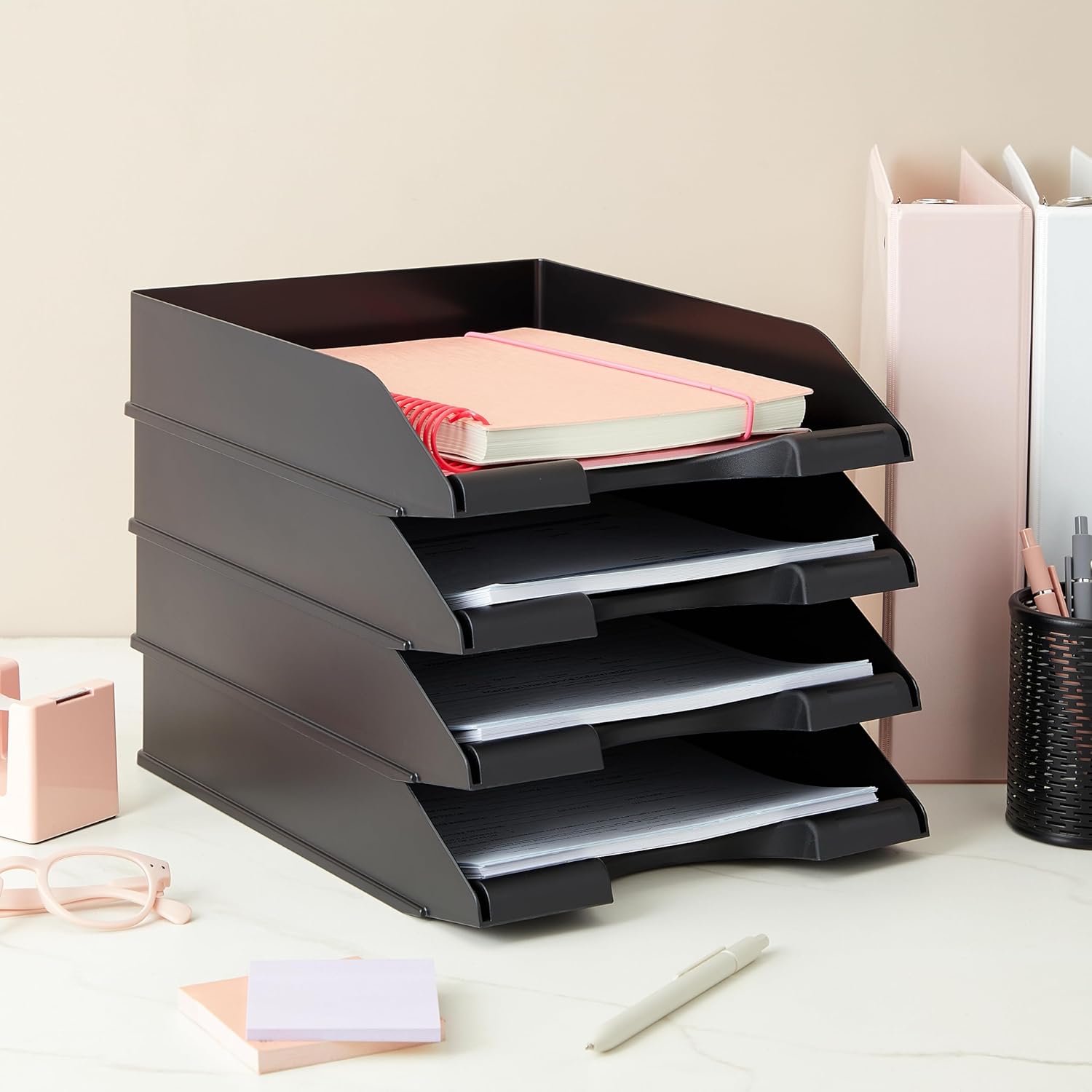 Stockroom Plus Letter Tray - Stackable Desk Organizer Trays - Desktop File Organizer - Mail & Document Storage - Pack of 4, Black, 10 x 13.5 x 2.5 in