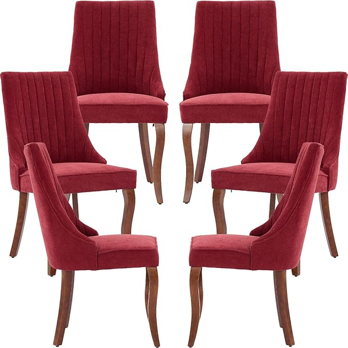 Modern Dining Chairs Set of 6, Mid Century Kitchen & Dining Room Chairs, Fabric Upholstered Kitchen Chairs with Wood Legs, Sillas de Comedor, Easy Assembly, Wine Red, 6 Pieces