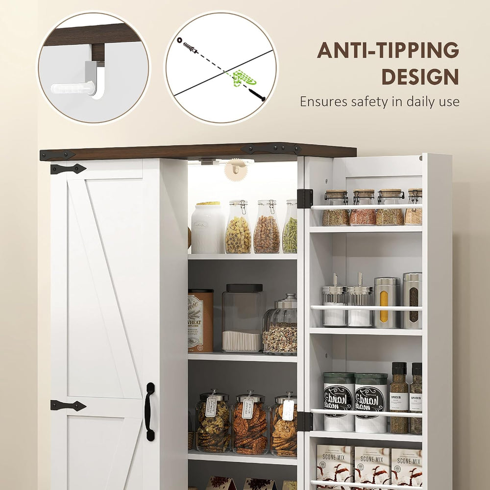 HOMCOM 47" LED Kitchen Pantry Cabinet with Barn Door 5 Deep Shelves Whit...
