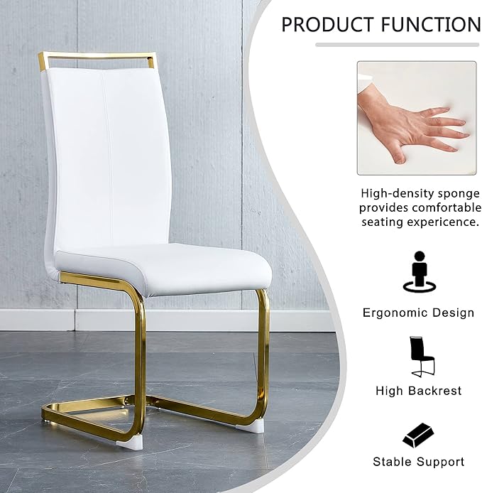 AZmac Modern Leather Dining Chairs Set of 8,Armless Kitchen Chairs,Dining Room Chairs with Upholstered Padded Seat and Sturdy Gold Legs for Dining Room,Kitchen (Set of 8, White-Gold Leg)