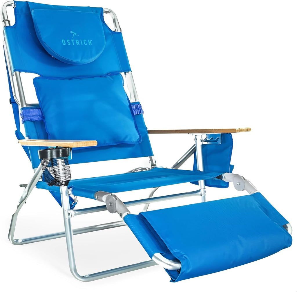 Ostrich the Deluxe 3N1 Lightweight Lawn Beach Reclining Lounge Chair with Footrest, Outdoor Furniture for Patio, Balcony, Backyard, or Porch, Blue