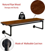 Clothes Rack 36in, Wall Mounted Garment Racks with Real Walnut Wood Shelves, Heavy Duty Hanging Clothes Rack, Multi-Purpose Hanging Rod, Space-Saving Closet Storage