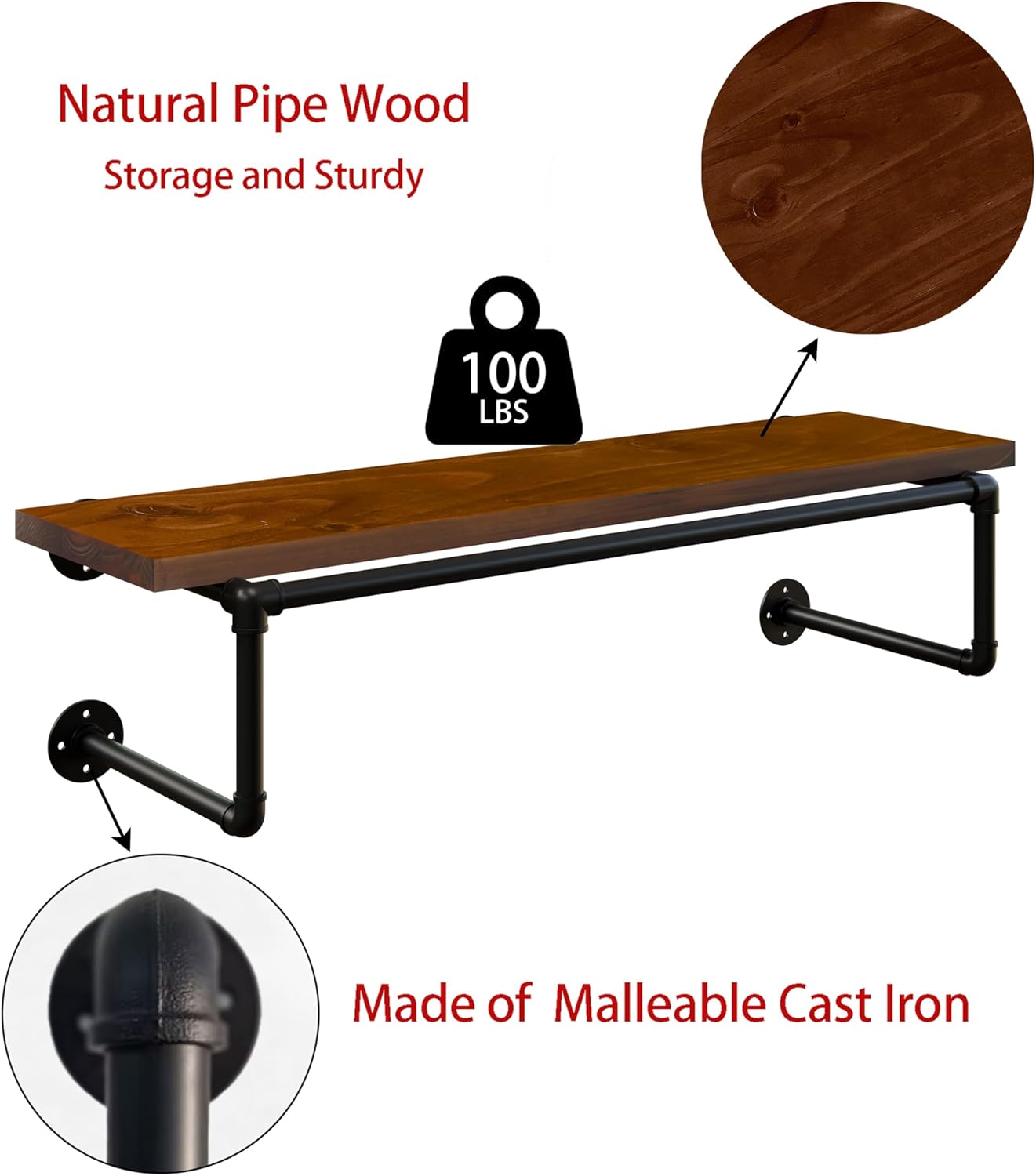 Clothes Rack 36in, Wall Mounted Garment Racks with Real Walnut Wood Shelves, Heavy Duty Hanging Clothes Rack, Multi-Purpose Hanging Rod, Space-Saving Closet Storage
