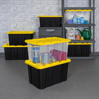 Sterilite Industrial Storage Tote with Lids for Garage, 27 Gallon, 4-Pack | Heavy-Duty and Stackable Utility Box Containers for Home, Office, and Basement Organization, Black/Yellow