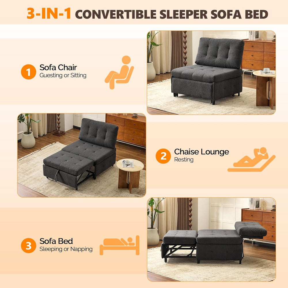 VINGLI Convertible Sofa Bed Tufted Teddy Fleece Sleeper Chair Bed Couch Armle...