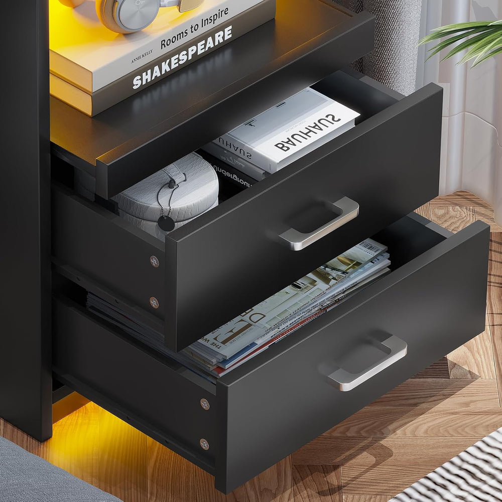AOGLLATI LED Nightstands Set of 2 with Charging Stationand Glass Top | Black ...