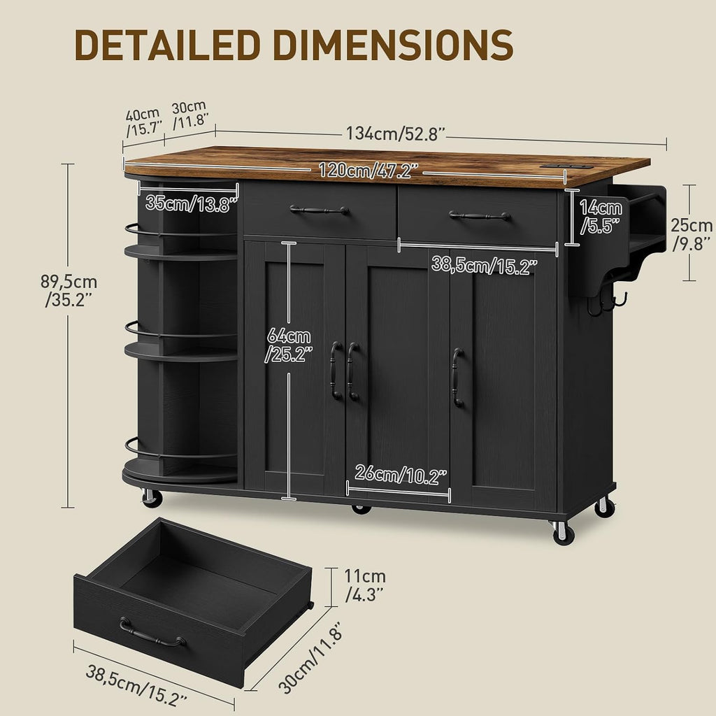 RALGEND Kitchen Island with Power Outlet & Drop Leaf, Kitchen Rolling Island with Rotating Organizer, Kitchen Island Cart with Storage Cabinet, Mobile Island Table for Kitchen, Black and Rustic Brown